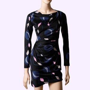 Diane Von Furstenberg 100% Silk Abstract Print Long Sleeve Mini Dress Black Sz 8